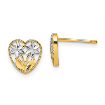 14k and White Rhodium Diamond-cut Flowers in Heart Post Earrings