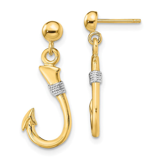 14K and White Rhodium 3-D Fish Hook with Rope Dangle Post Earrings
