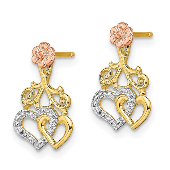 14k Two-tone and White Rhodium Hearts and Flower Post Earrings