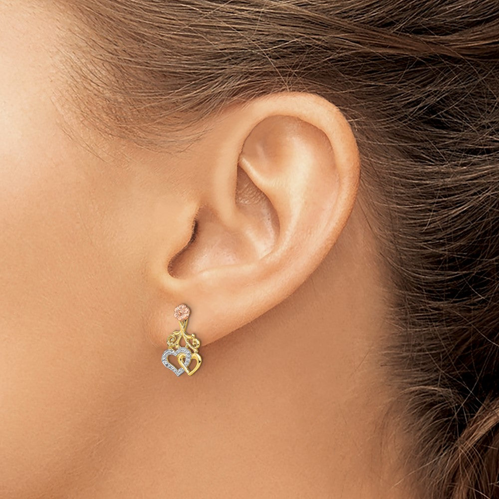 14k Two-tone and White Rhodium Hearts and Flower Post Earrings