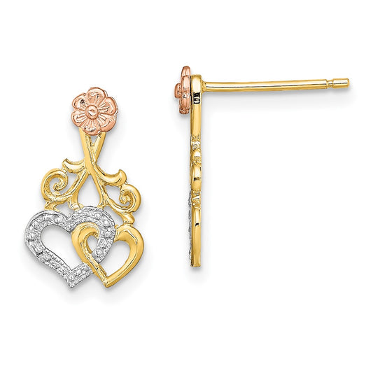 14k Two-tone and White Rhodium Hearts and Flower Post Earrings