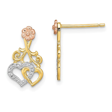 14k Two-tone and White Rhodium Hearts and Flower Post Earrings