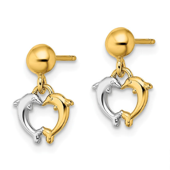 14K and White Rhodium Two Dolphins Dangle Post Earrings