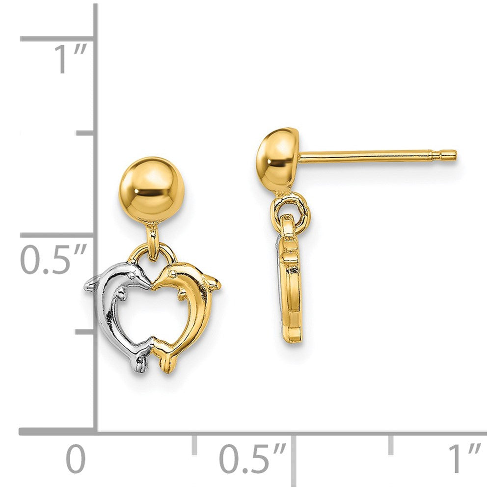 14K and White Rhodium Two Dolphins Dangle Post Earrings