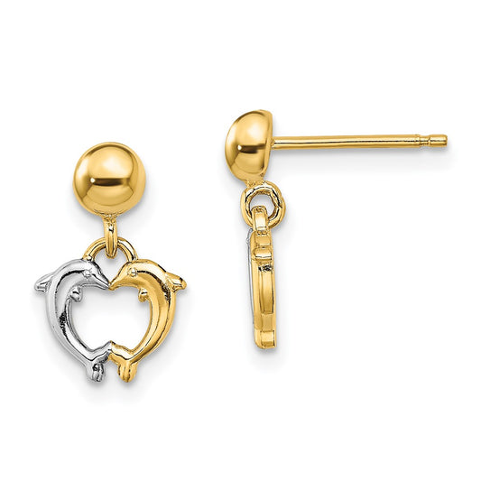 14K and White Rhodium Two Dolphins Dangle Post Earrings