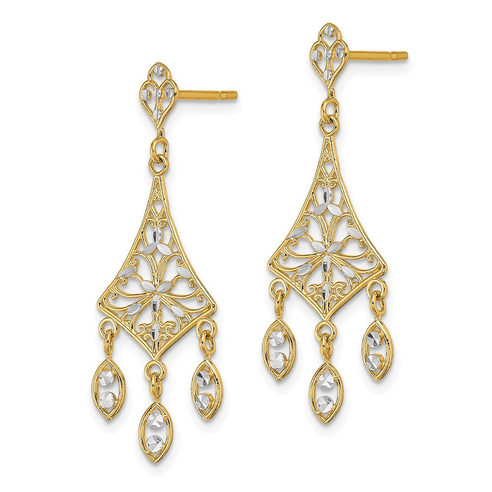 14K and White Rhodium Filigree Diamond-cut Chandelier Dangle Post Earrings