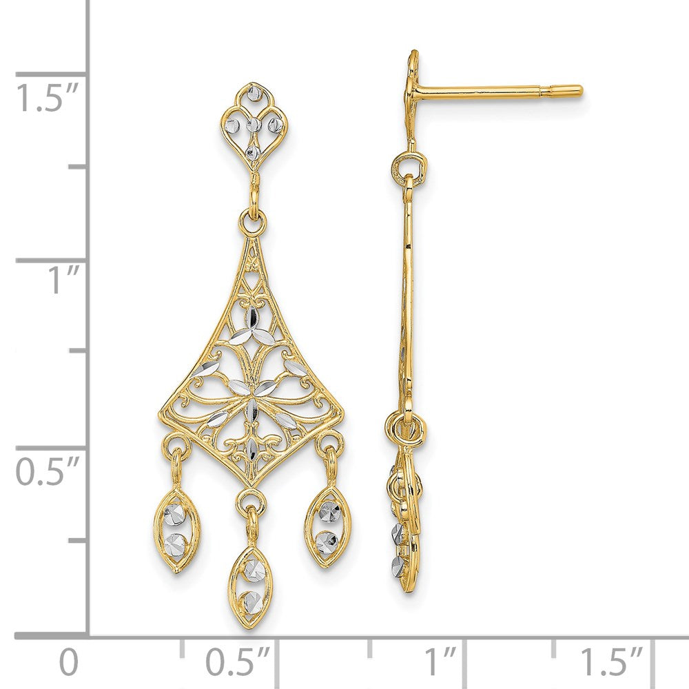 14K and White Rhodium Filigree Diamond-cut Chandelier Dangle Post Earrings
