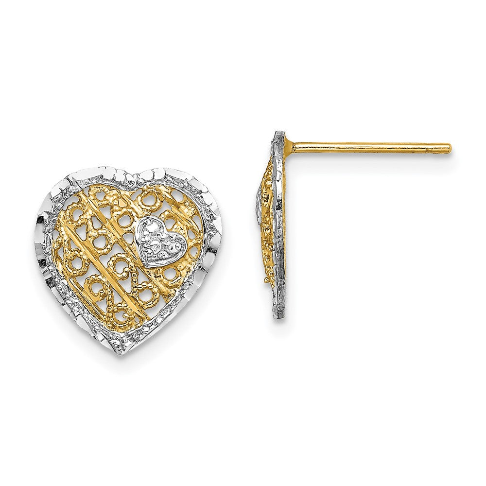 14k and White Rhodium Filigree Heart Post Earrings