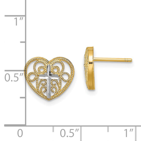14K and White Rhodium Cross in Center Filigree Heart Post Earrings