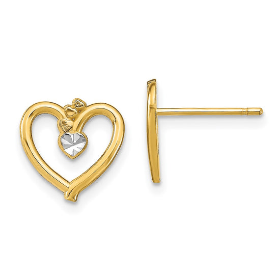 14k and White Rhodium Diamond-cut Heart Post Earrings