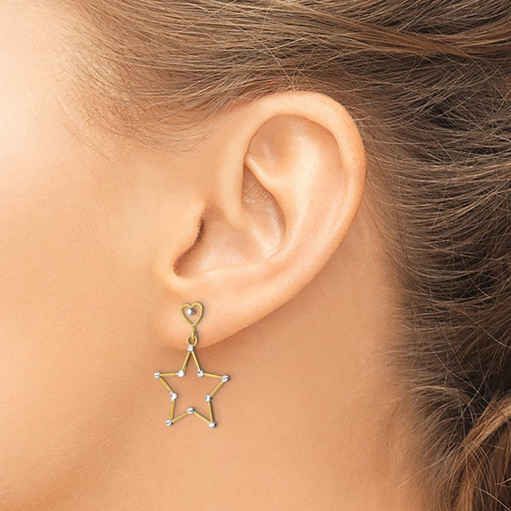 14k and White Rhodium Diamond-Cut Heart and Star Dangle Post Earrings