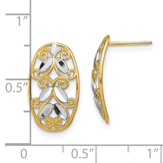 14K and White Rhodium Oval Diamond-cut Filigree Post Earrings