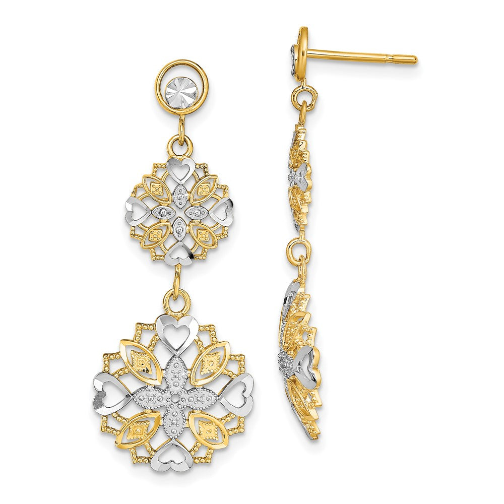 14k and White Rhodium Diamond-cut Flower and Heart Dangle Post Earrings