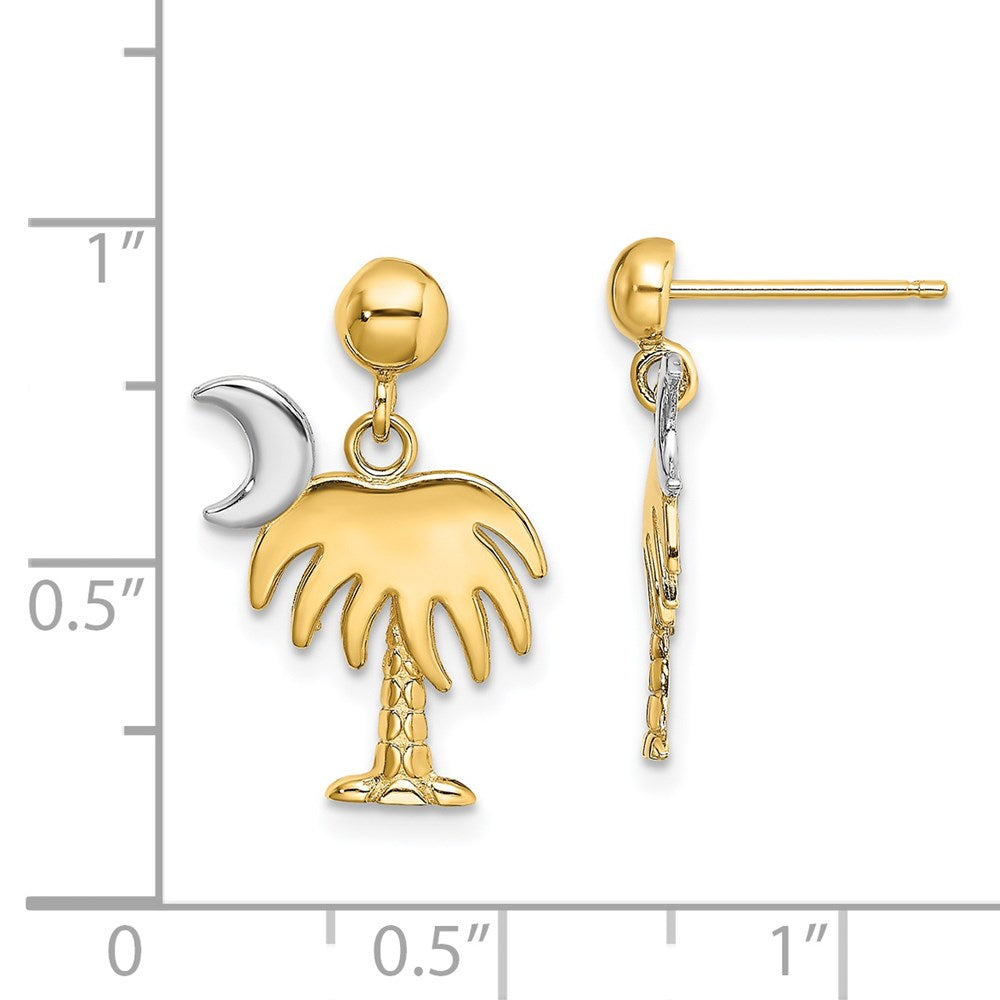 14K and White Rhodium Charleston Palm Tree with Moon Dangle Post Earrings