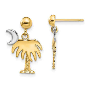 14K and White Rhodium Charleston Palm Tree with Moon Dangle Post Earrings