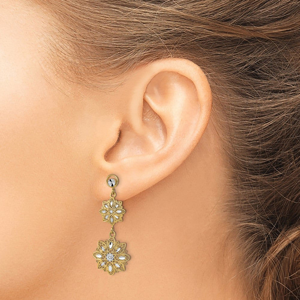 14K and White Rhodium Diamond-cut Filigree Floral Dangle Post Earrings