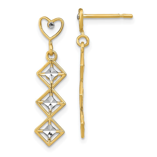 14k and White Rhodium Diamond-cut Heart Diamond-Shape Dangle Post Earrings