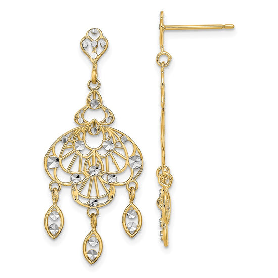14K and White Rhodium Diamond-cut Chandelier-Style Dangle Post Earrings