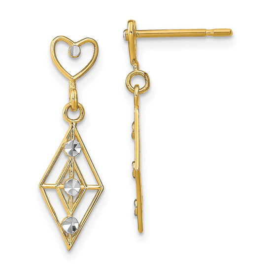 14k and White Rhodium Diamond-cut Diamond-Shape Heart Dangle Post Earrings