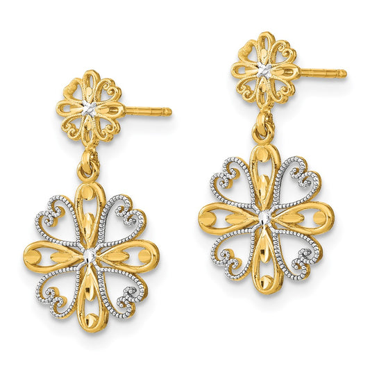 14K and White Rhodium Beaded Heart Petal Floral Dangle Post Earrings