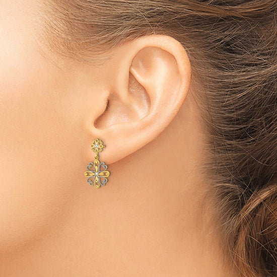14K and White Rhodium Beaded Heart Petal Floral Dangle Post Earrings