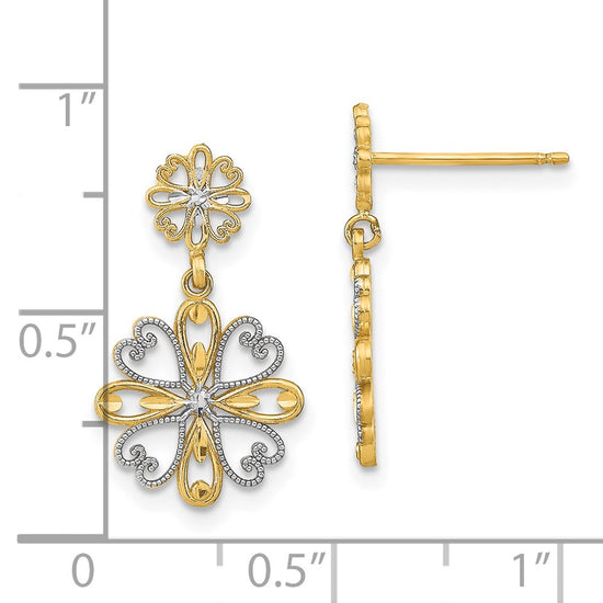 14K and White Rhodium Beaded Heart Petal Floral Dangle Post Earrings
