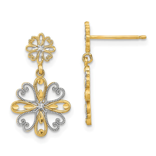 14K and White Rhodium Beaded Heart Petal Floral Dangle Post Earrings
