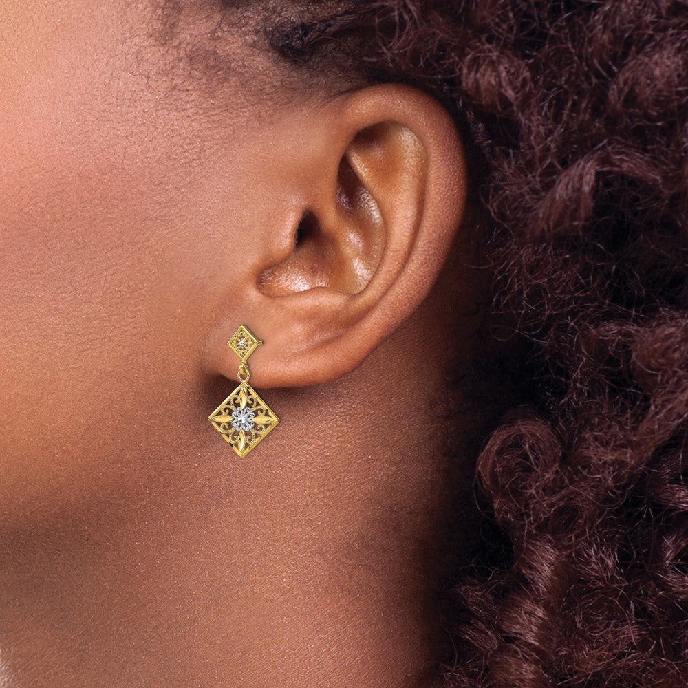 14K and White Rhodium Diamond-cut Square Filigree Dangle Post Earrings