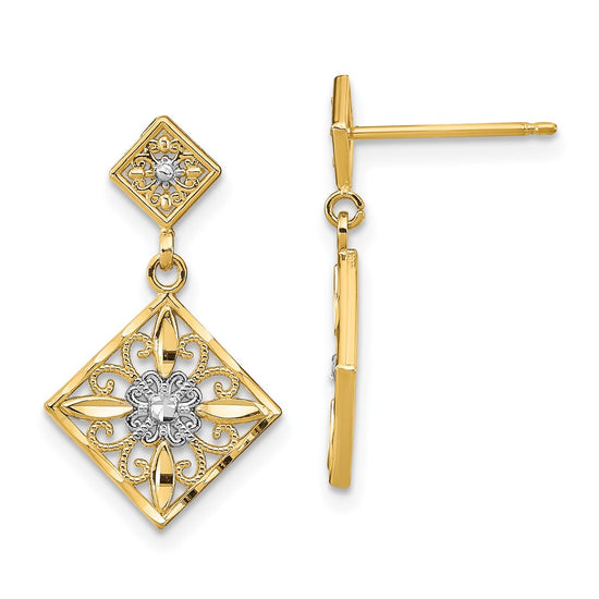 14K and White Rhodium Diamond-cut Square Filigree Dangle Post Earrings