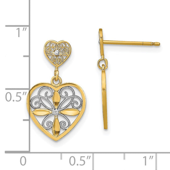 14k and White Rhodium Flower and Heart Beaded Filigree Dangle Post Earrings