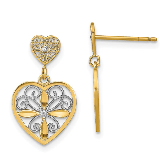 14k and White Rhodium Flower and Heart Beaded Filigree Dangle Post Earrings