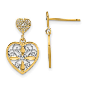 14k and White Rhodium Flower and Heart Beaded Filigree Dangle Post Earrings