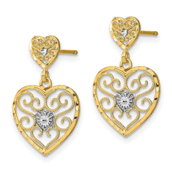 14k and White Rhodium Heart Beaded Filigree Dangle Post Earrings