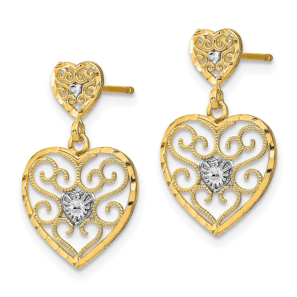 14k and White Rhodium Heart Beaded Filigree Dangle Post Earrings