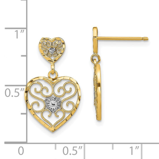 14k and White Rhodium Heart Beaded Filigree Dangle Post Earrings