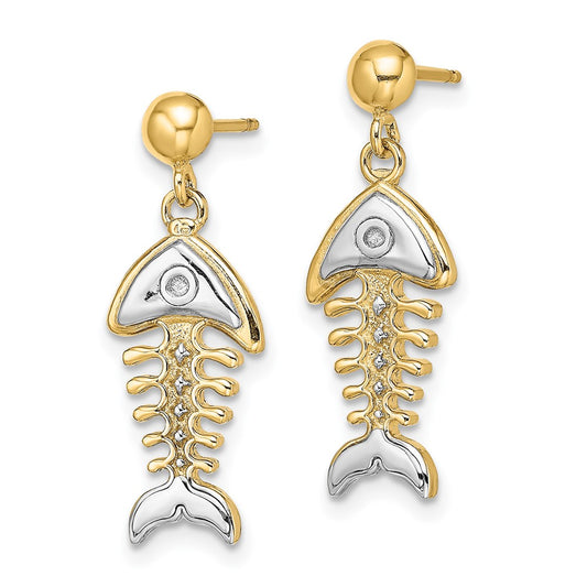 14K and White Rhodium Fishbone Dangle Post Earrings