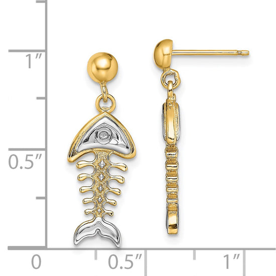 14K and White Rhodium Fishbone Dangle Post Earrings
