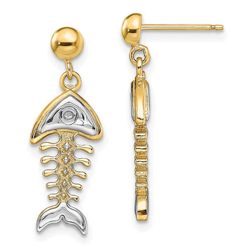 14K and White Rhodium Fishbone Dangle Post Earrings