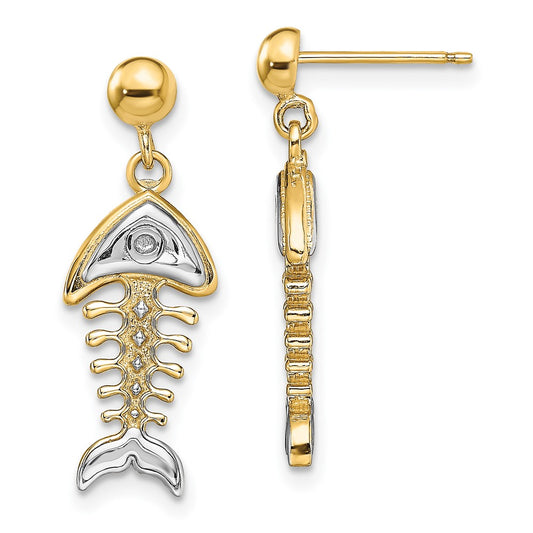 14K and White Rhodium Fishbone Dangle Post Earrings