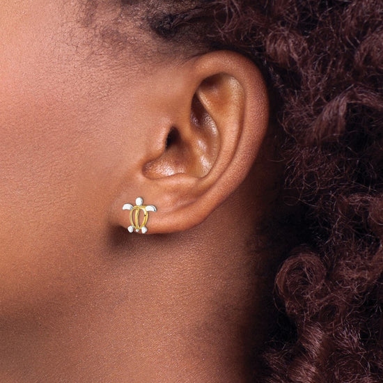 14K and White Rhodium Small Sea Turtle Post Earrings