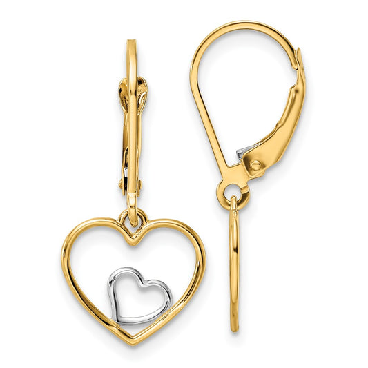 14k and White Rhodium Heart in Heart Leverback Dangle Earrings