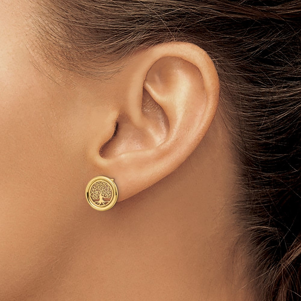 14k Polished Filigree Tree of Life in Circle Post Earrings
