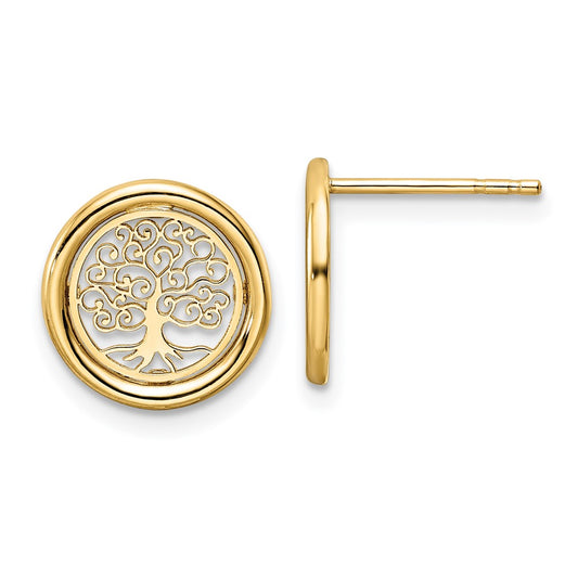 14k Polished Filigree Tree of Life in Circle Post Earrings