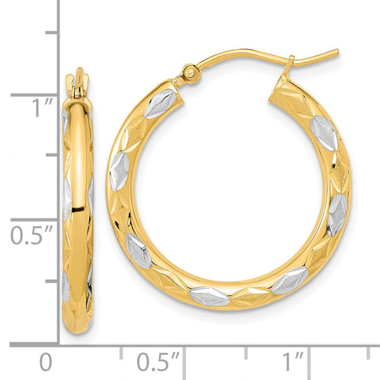 14k White Rhodium Polished Satin and Diamond-cut Hoop Earrings