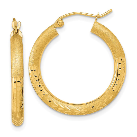 3mm Gold Satin Diamond-cut Hoop Earrings