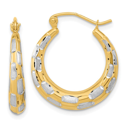 14k White Rhodium Polished Satin Diamond-cut Hoop Earrings