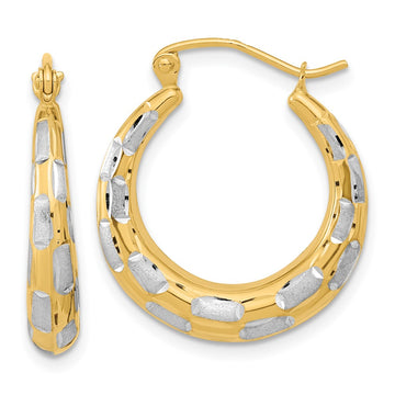 14k White Rhodium Polished Satin Diamond-cut Hoop Earrings