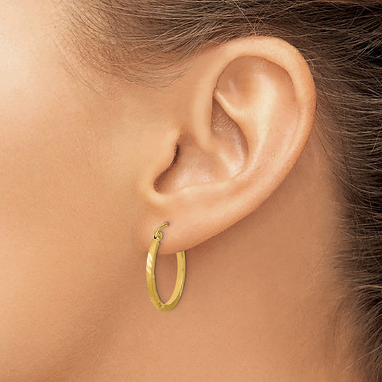 14k 1.75x21mm Satin Diamond-cut Square Tube Hoop Earrings