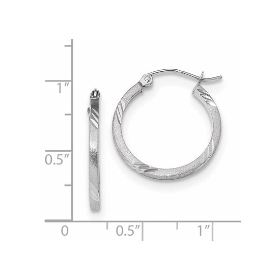 14k White Gold 1.75x21mm Satin Diamond-cut Square Tube Hoop Earrings