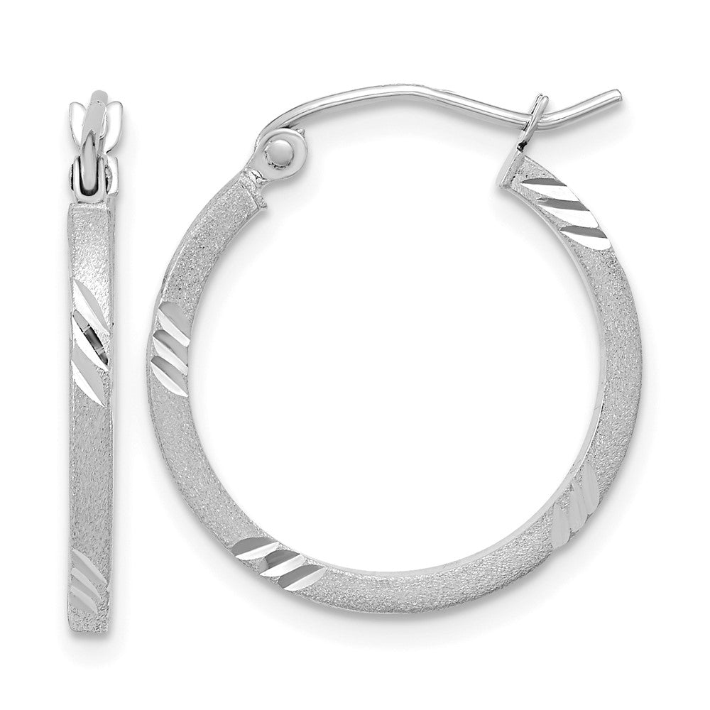 14k White Gold 1.75x21mm Satin Diamond-cut Square Tube Hoop Earrings
